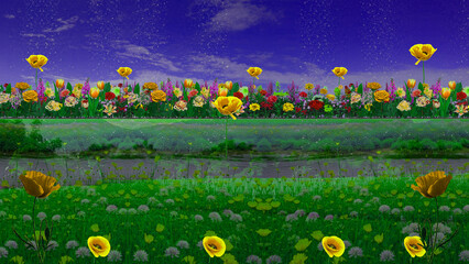 Dreamy Botanical Scene with Sparkling Sky and Different Flowers