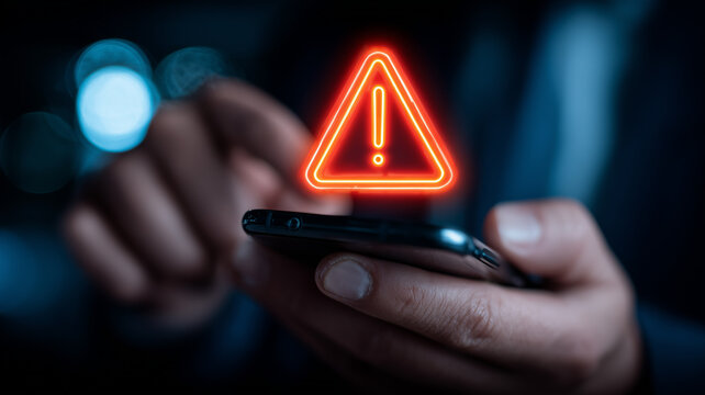 Critical Security Alert: a vivid red exclamation triangle hovers above a phone, warning of imminent mobile threats.
