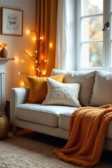 Cozy Autumn Living Room Warm Throw Pillows, Knit Blanket, Fairy Lights Create Relaxing Atmosphere