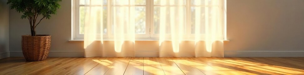 Serene Sunlight Streaming Through Sheer Blinds, Casting Soft Shadows on a Wooden Floor Peaceful Home Decor Image