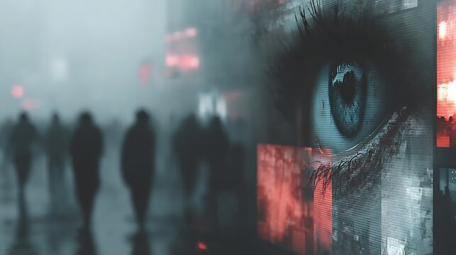 Abstract intelligence gathering scene surveillance tech icon cyber monitoring interface secret law enforcement operation visualized through layered tech imagery