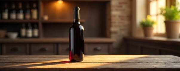 Serene Wine Bottle on Rustic Wooden Table  Warm Light, Sophisticated Ambiance, Perfect for Wine Tasting, Vineyard, Winery, Summer Themes