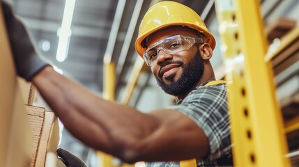 Worker in safety gear smiling while organizing boxes in warehouse during daytime operations