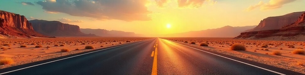 Sun-baked Desert Highway Endless Asphalt Ribbon Cutting Through Desolate Landscape Under Vast Cloudless Sky. Heat Shimmers Highlight Harsh Beauty of Mountains and Horizon.