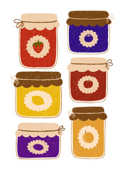 Rustic vintage set of jam jars with decorative label and twine tie. Chalk, crayon or pencil texture hand drawn design elements isolated. Strawberry, lemon, apple, apricot, blueberry and plum jams.