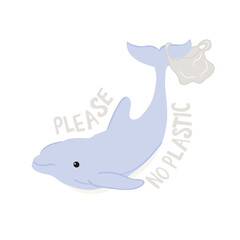 Vector illustration of a dolphin swimming with a plastic bag, representing ocean pollution. Perfect for environmental campaigns, educational materials, and eco-awareness designs.