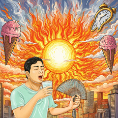 Heatwave sun blazing over the city, a man holds a glass of water and a fan, gasping for fresh air, melting ice cream cones and a warped clock emphasize the scorching hot weather conditions 