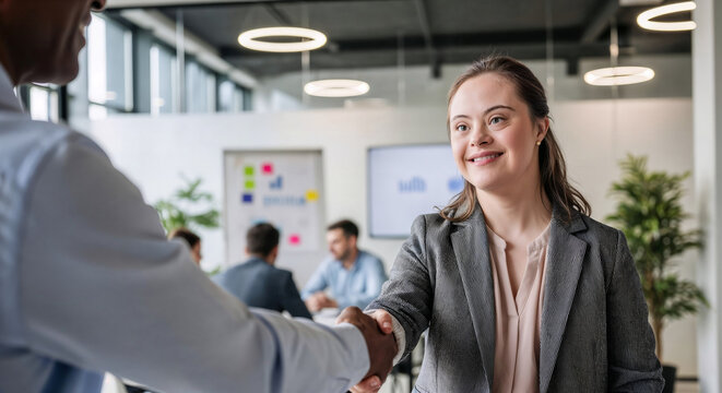 Smiling confident businesswoman with down syndrome shaking hands with male black colleague in modern office, successful leader of company promoting equality and inclusion partnering with CEO