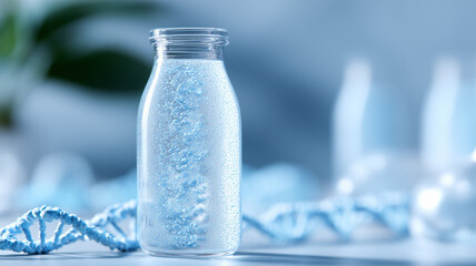 DNA Infused Elixir: a crystal bottle of sparkling clear solution stands amid soft blue genetic helix motifs, hinting at biotech wellness.
