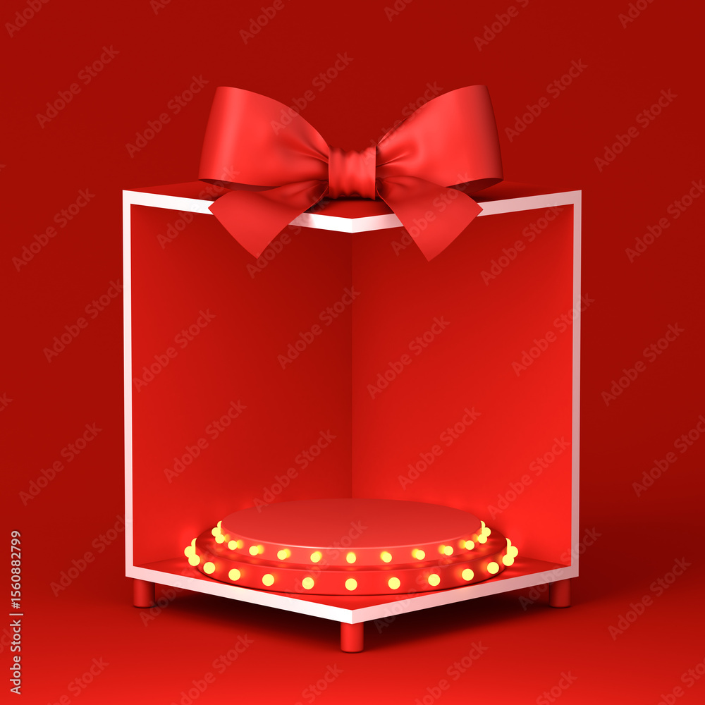 Poster Blank red retro light bulb round podium pedestal in exhibition booth gift box corner product display mockup showcase stand with red ribbon bow on dark red background creative concept idea 3D rendering