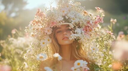 Young woman surrounded by colorful flowers in a sunny meadow during a spring afternoon