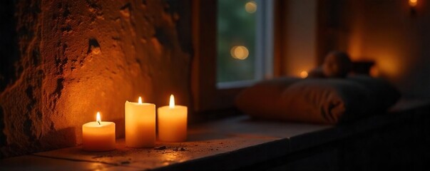 Warm Candlelight Illuminates Dark Room, Casting Soft Shadows Cozy, Intimate Ambiance Perfect for Relaxation, Meditation, or Romantic Settings