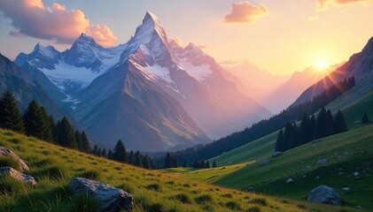 Majestic Snow-Capped Peaks at Sunrise Serene Alpine Valley Landscape Perfect for Travel and Adventure Backgrounds