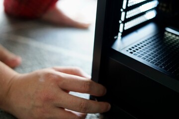 man husband repairing computer working at home looking fixing broken engineer hardware pc service...