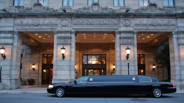 A black limousine parked in front of an ornate building with lit lamps and open doors visible