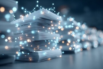 Conceptual artwork symbolizing academic publishing open journal stack of peer reviewed article glowing network of interconnected research node digital text stream light blue white color palette