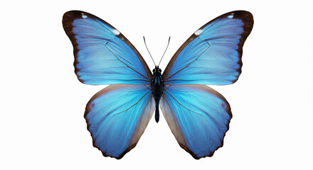 Fototapeta premium Blue butterfly with open wings on a white minimalist background, delicate insect illustration with fine wing details