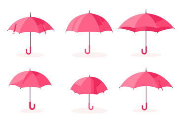 Obraz premium A collection of umbrellas is depicted from the top, showcasing both open and closed umbrellas, on a white background, in a flat design style suitable for digital and print media