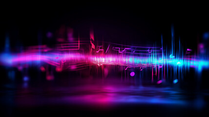 Symphony in Spectrum: vertical ribbons of magenta and cyan rise like city lights, embedded with floating music notes to celebrate vibrant soundscapes and audio production magic.
