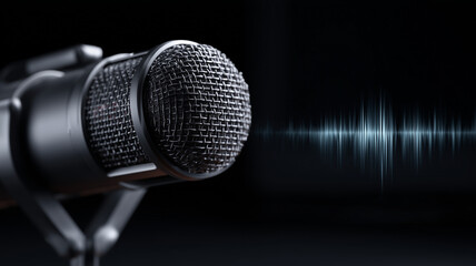 Voice of Clarity: a studio microphone emerges from the dark alongside a crisp horizontal waveform, symbolising broadcast perfection, podcasting and the craft of spoken word.

