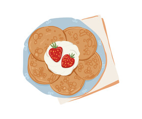 Stack of delicious pancakes with strawberries and cream. Cozy hand-drawn breakfast food illustration, perfect for cafe menus, recipe cards, or food blogs.