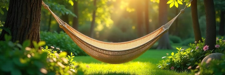 Serene Hammock Swaying Gently in Lush Green Garden Bathed in Warm Sunlight Perfect for Relaxation, Vacation, and Well-being Imagery