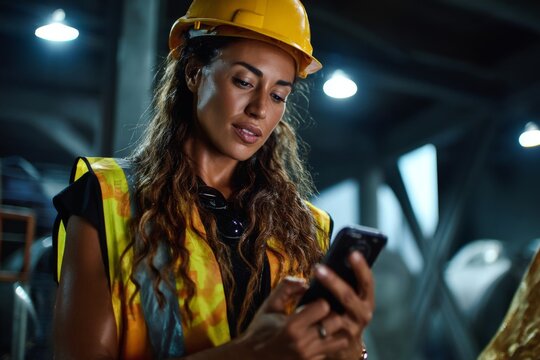 Factory worker uses smartphone while wearing a helmet and safety vest, navigating construction site communication.