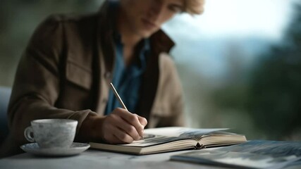 Teenager sketching a forest scene in a leather-bound journal