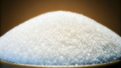 Excessive sugar pile closeup, white granules sparkling under light, unhealthy sweetener, macro food texture, unhealthy concept