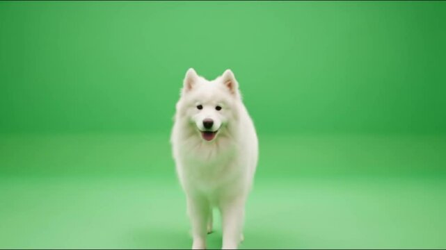 A white samoyed dog standing on a green screen looking at the camera with its tongue out slightly
