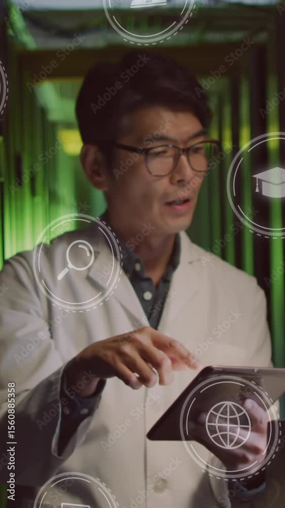 Poster animation of icons and data processing over diverse it engineers by computer servers