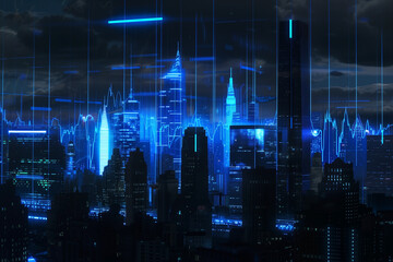 Night cityscape with a digital overlay of financial data charts, showcasing technology and innovation in urban settings.