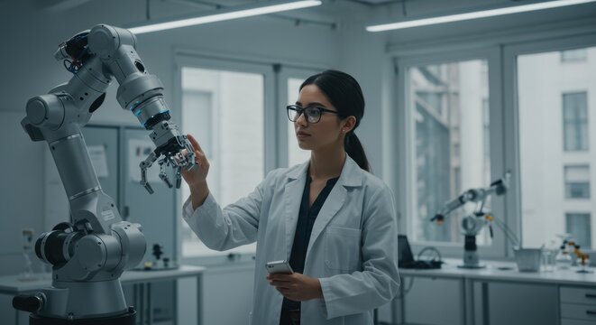 Female Scientist Interacting with Advanced Robotics Arm Future of Automation - Powered by Adobe
