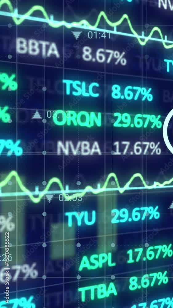 Poster animation of multiple icons over trading board against graphs on abstract background