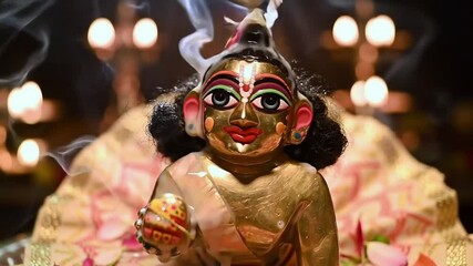 midnight celebration of Krishna Janmotsav with devotional chants, priests performing abhishekam to baby Krishna idol with milk and honey, soft lighting, flowers falling in slow motion, incense smoke s