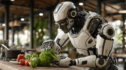 Fototapeta premium Futuristic robot chef preparing fresh vegetables in modern kitchen environment with advanced artificial intelligence technology