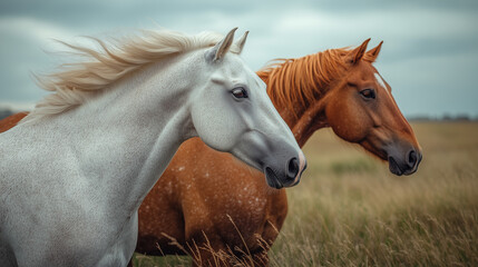 Fototapeta premium Majestic horses in a serene landscape showcasing a white and a chestnut horse side by side against a cloudy sky at dusk Generative AI