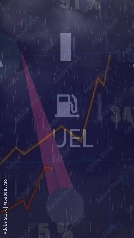 Poster animation of speedometer and statistical data processing against rain and clouds in the sky