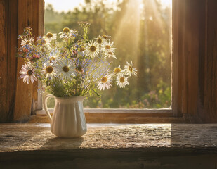 A beam of afternoon sun hits a vase of wildflowers on a rustic windowsill, dust particles dancing in the air.