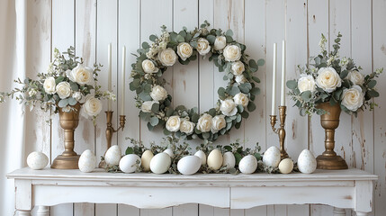 Decorative spring arrangement featuring white roses and pale eggs arranged on a rustic table against a wooden wall Generative AI