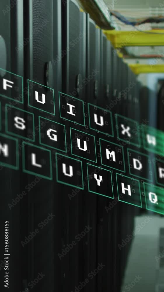 Poster animation of data processing against computer server room