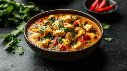 Savory chicken curry with fresh herbs and spices in a bowl garnished with red chili and cilantro Generative AI