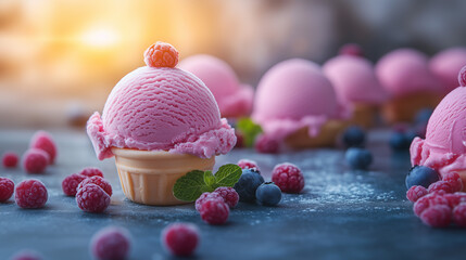 Delightful pink raspberry ice cream served in a cone with fresh berries and mint garnish on a rustic table during golden hour Generative AI