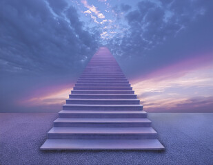 A surreal staircase made of clouds ascending into a blue and violet dusk sky