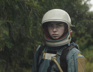 cinematic astronaut boy on the forest background