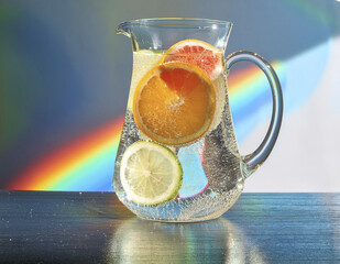 Citrus slices submerged in sparkling water in a crystal pitcher, with rainbow refraction on the table