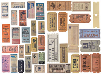 a collection of old vintage ticket isolated on white background
