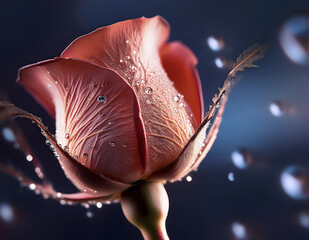 Face emerging from a rosebud with dewdrops and glittering veins