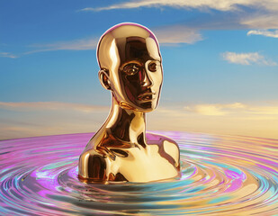 Golden mannequin melting into a pool of holographic liquid under pastel sky