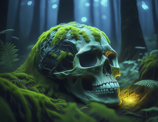 Moss-covered skull glowing in bioluminescent forest